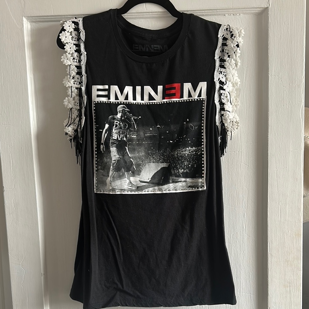Local Designer Black Eminem Graphic T-Shirt with Sequin & Lace Details